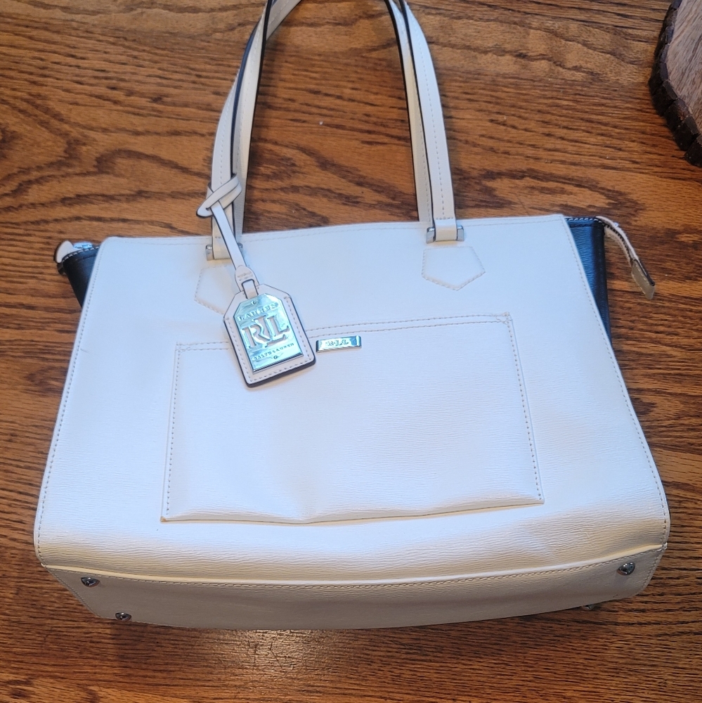 NWOT Ralph Lauren Leather White Black Silver Medium Large Handbag Purse Bag